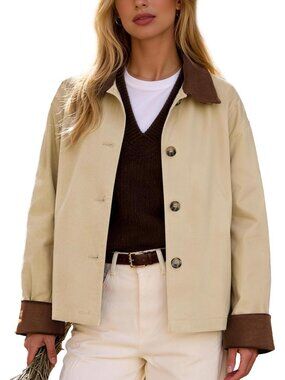 Women's Jackets Cropped Trench Coat Contrast Collar Button Down Loose Khaki